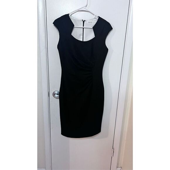 CALVIN KLEIN LITTLE BLACK DRESS RUCHED SQUARE NECK SIDE ZIP A LINE SZ 4 - Picture 2 of 9